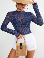 Paisley Mock Neck Long Sleeve Sheer Top OutfitFlow