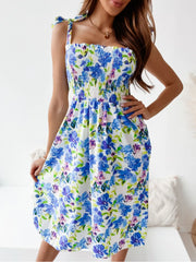 Floral Smocked Bodice Tie Shoulder Summer Dress Blue OutfitFlow