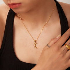 Crescent Moon Inlaid Zircon Pendant Necklace Gold One Size OutfitFlow