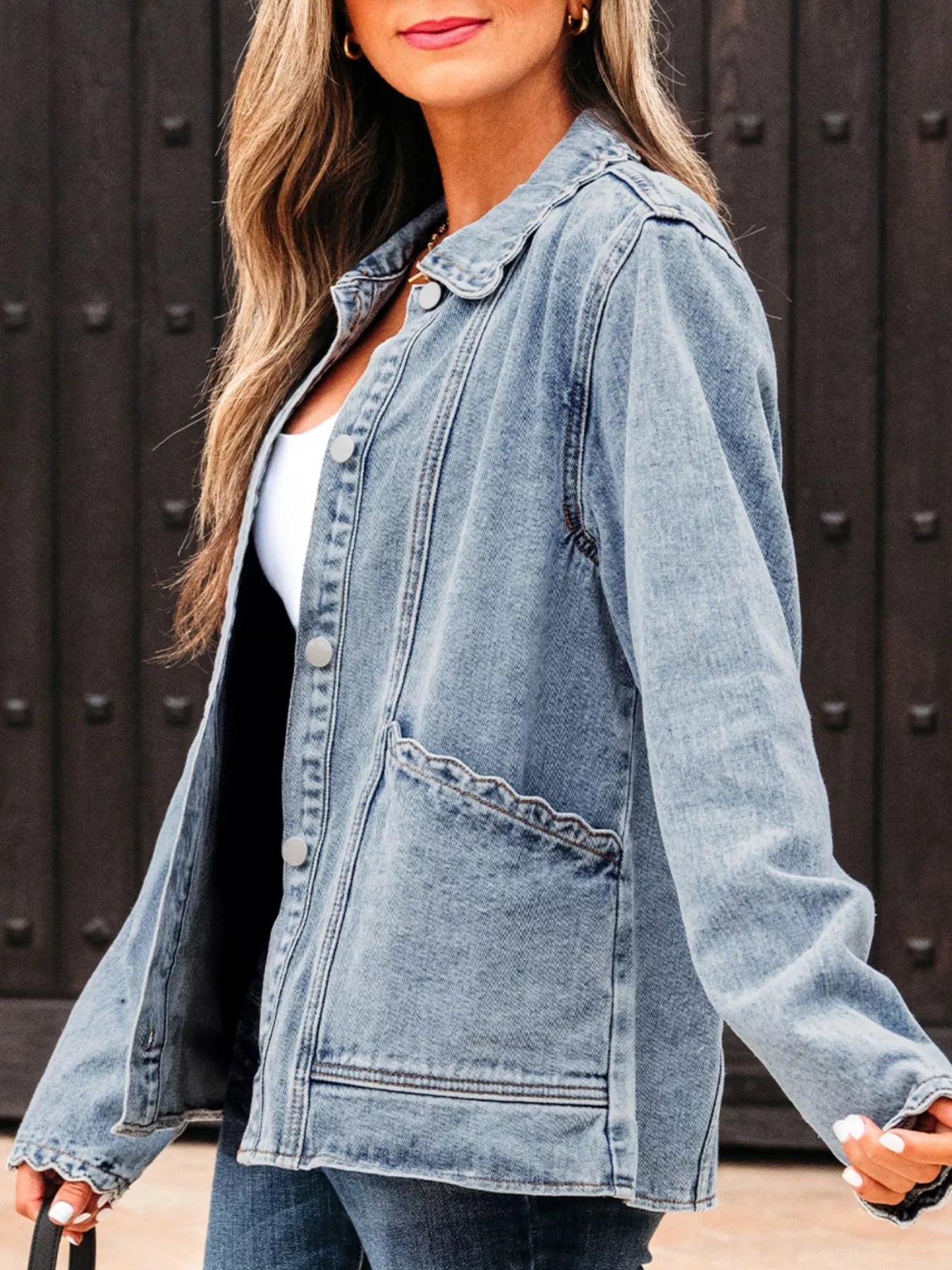 Scallop Trim Collar Patched Pocket Button Up Denim Jacket OutfitFlow