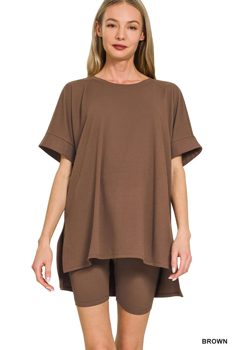 Zenana Full Size Brushed Dty Microfiber Round Neck Top and Biker Shorts Set Plus Size BROWN Trendsi