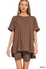 Zenana Full Size Brushed Dty Microfiber Round Neck Top and Biker Shorts Set Plus Size BROWN Trendsi