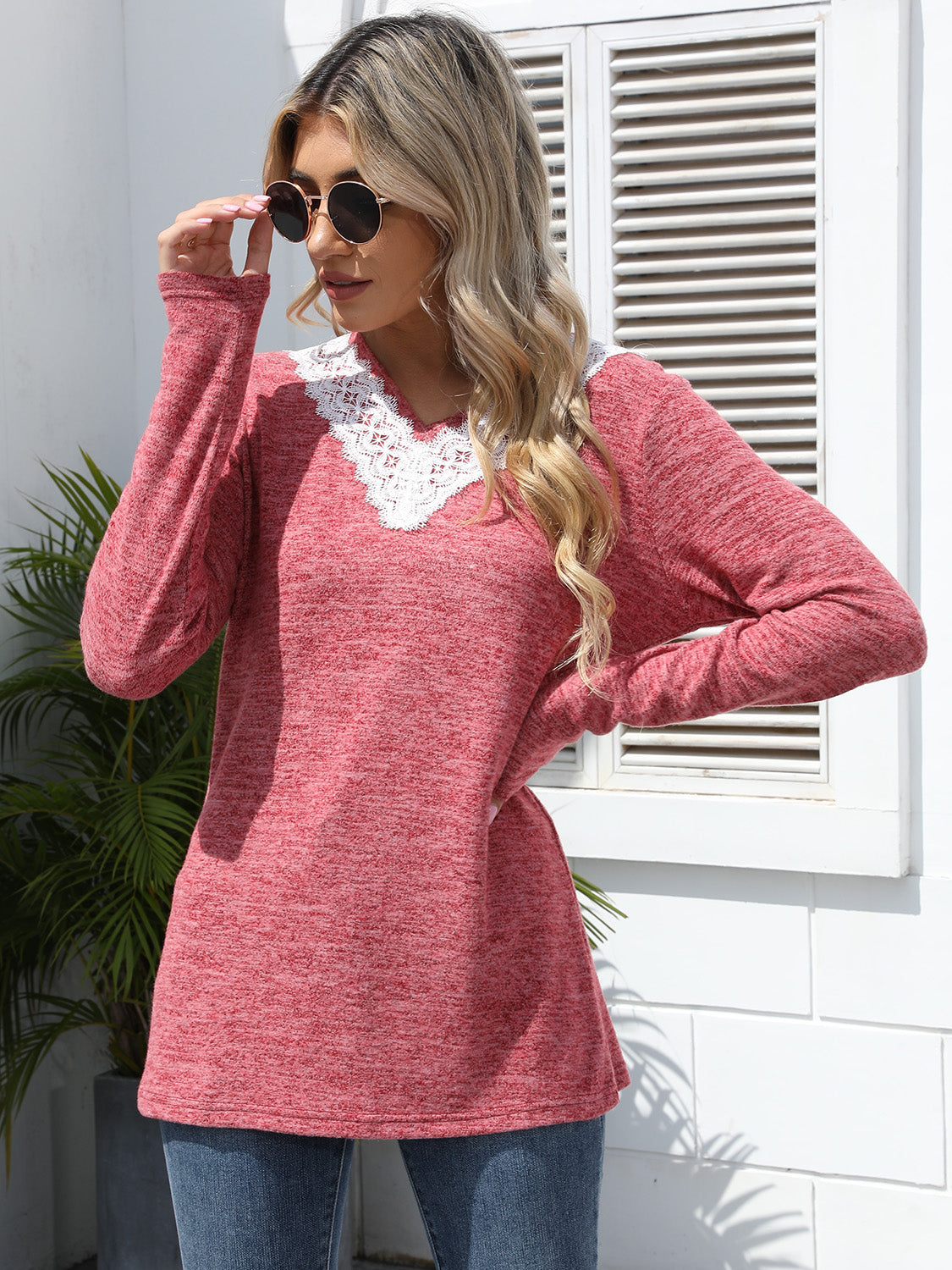 Outfit Flow - Lace Detail V-Neck Long Sleeve T-Shirt