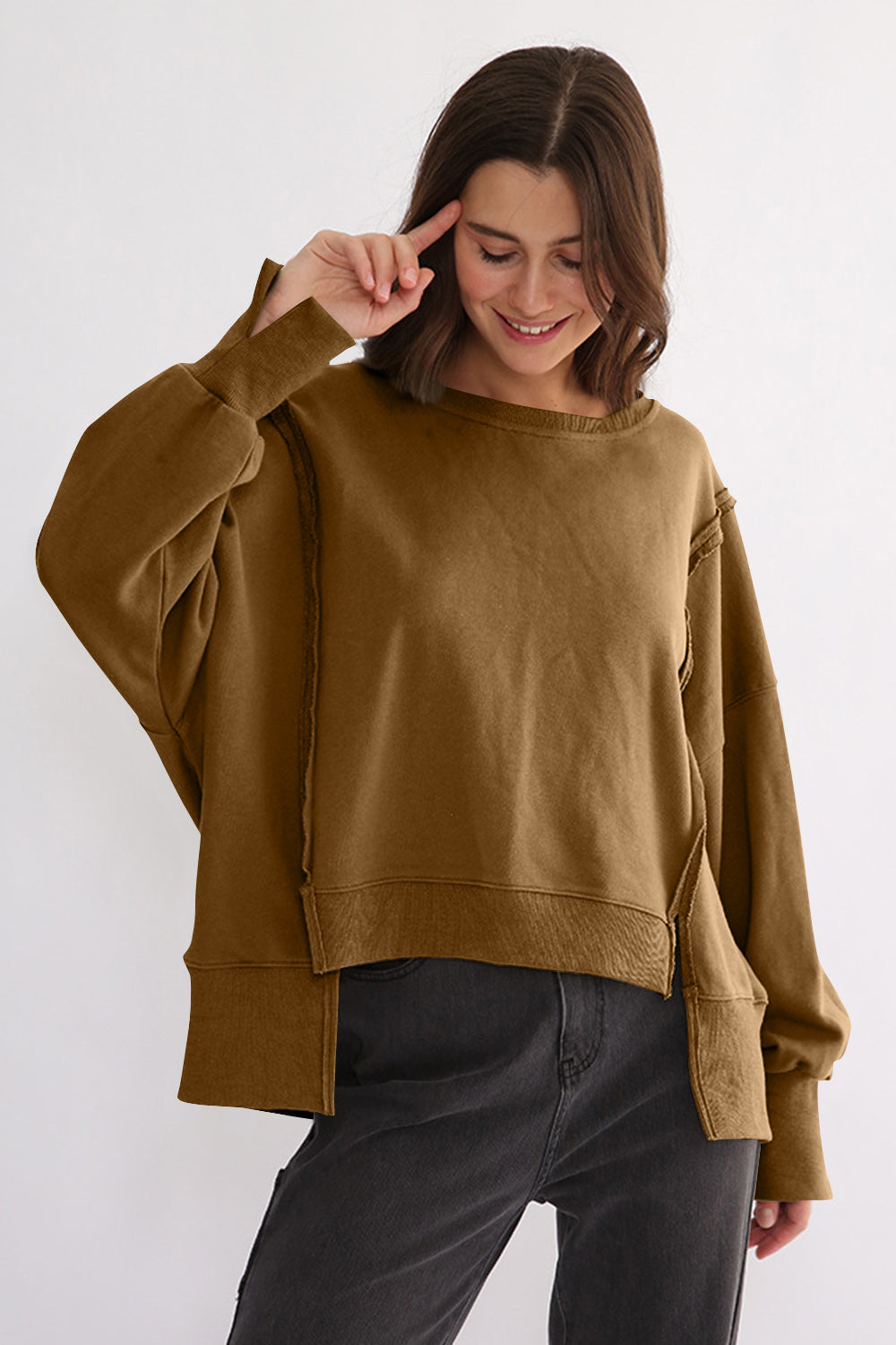 Outfit Flow - Exposed Seam High-Low Long Sleeve Sweatshirt