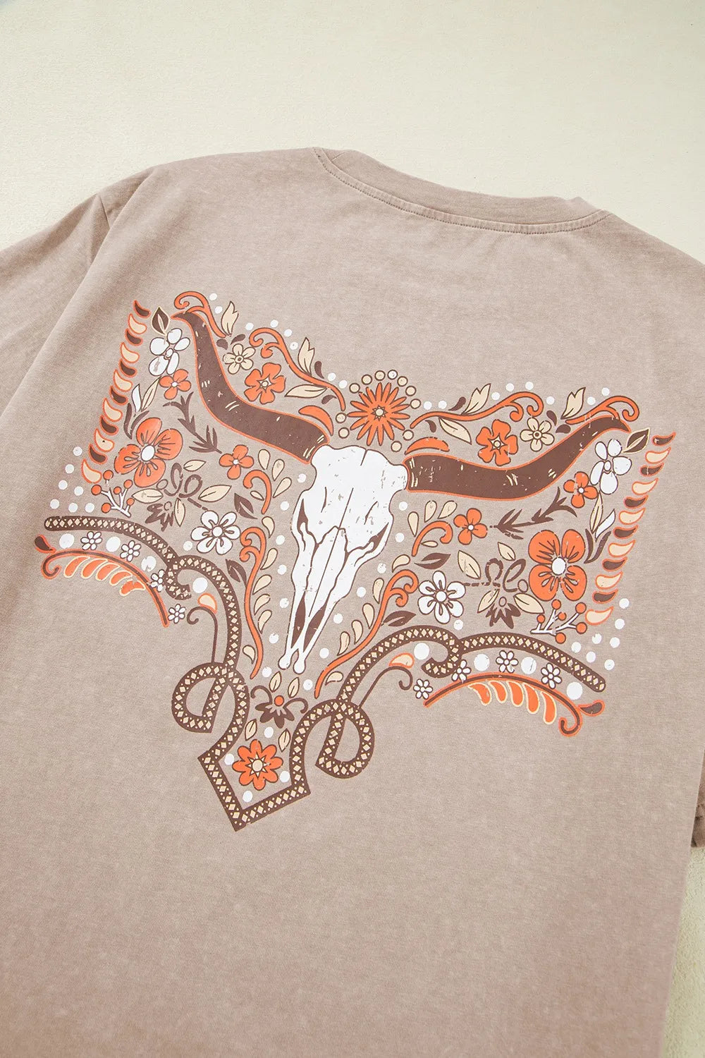 Mineral Wash Floral Steer Head Printed Back Western Fashion Tee OutfitFlow