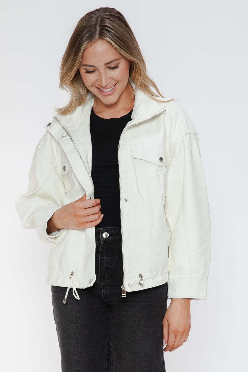 Outfit Flow - How Dare U Drawstring Hem PU Leather Zip Up Jacket