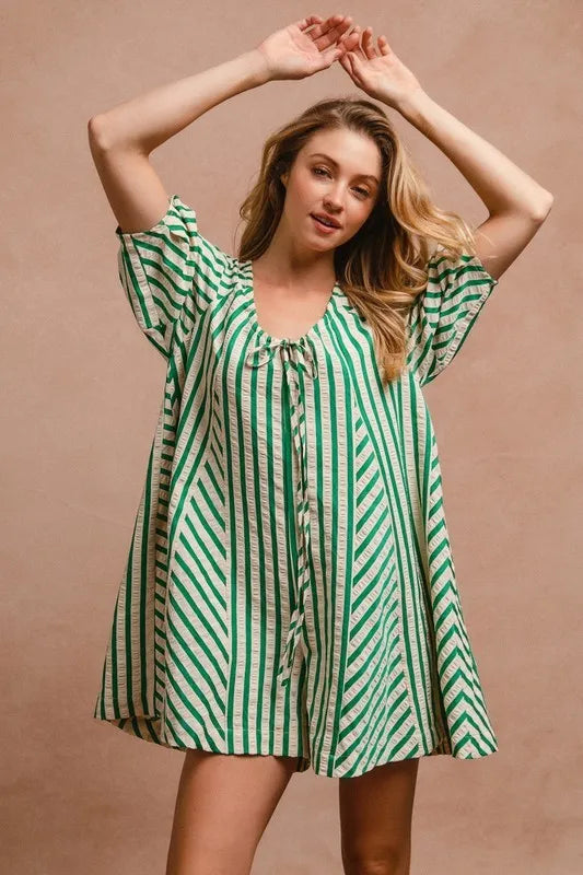 BiBi Puffy Sleeves Romper with Back Button Closure OutfitFlow