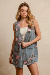 BiBi Floral Print Washed Denim Long Rider Vest OutfitFlow