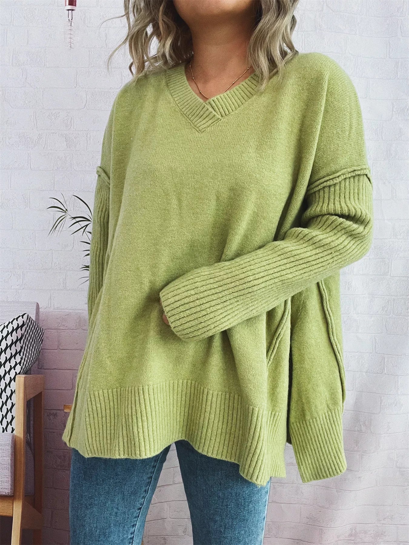 V-Neck Dropped Shoulder Sweater Green One Size OutfitFlow