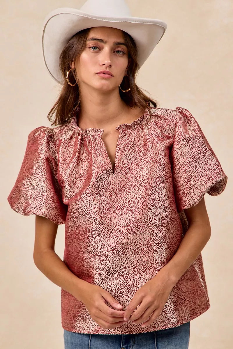 BiBi Jacquard Woven Short Balloon Sleeves V Neck Top OutfitFlow