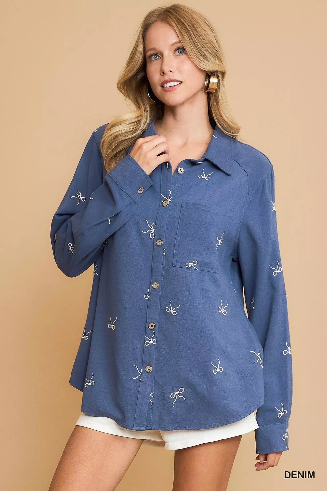 Umgee Linen Blend Fitted Shirt with Ribbon Embroidery Details DENIM Trendsi