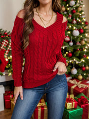 Outfit Flow - Honey Cable-Knit V-Neck Cold Shoulder Sweater