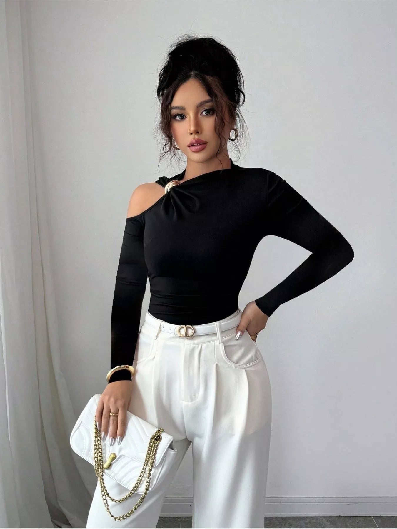 Cutout One-Shoulder Long Sleeve T-Shirt OutfitFlow