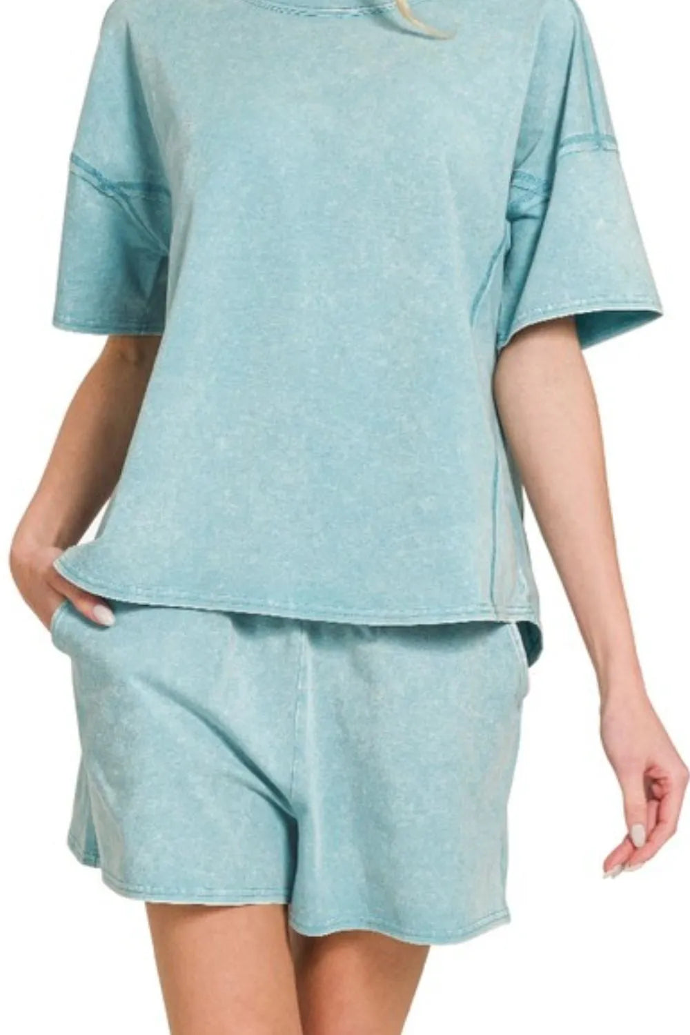 Zenana Acid Washed Short Sleeve Tee & Shorts Set OutfitFlow