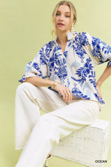 Umgee Leafy Damask Print Blouse with Contrast Scalloped Trim Detail OutfitFlow