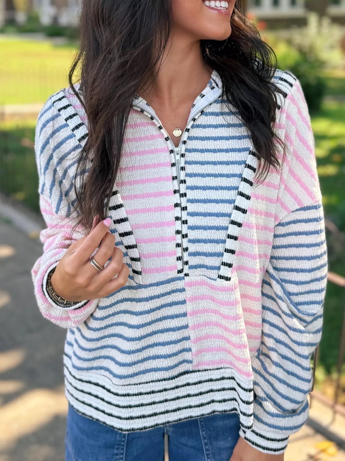 Striped Color Block Patchwork Half Zip Drop Shoulder Long Sleeve Top Stripe OutfitFlow