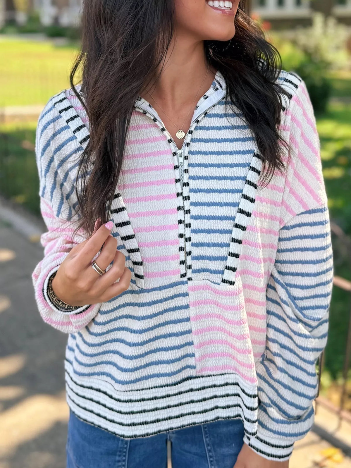Striped Color Block Patchwork Half Zip Drop Shoulder Long Sleeve Top Stripe OutfitFlow