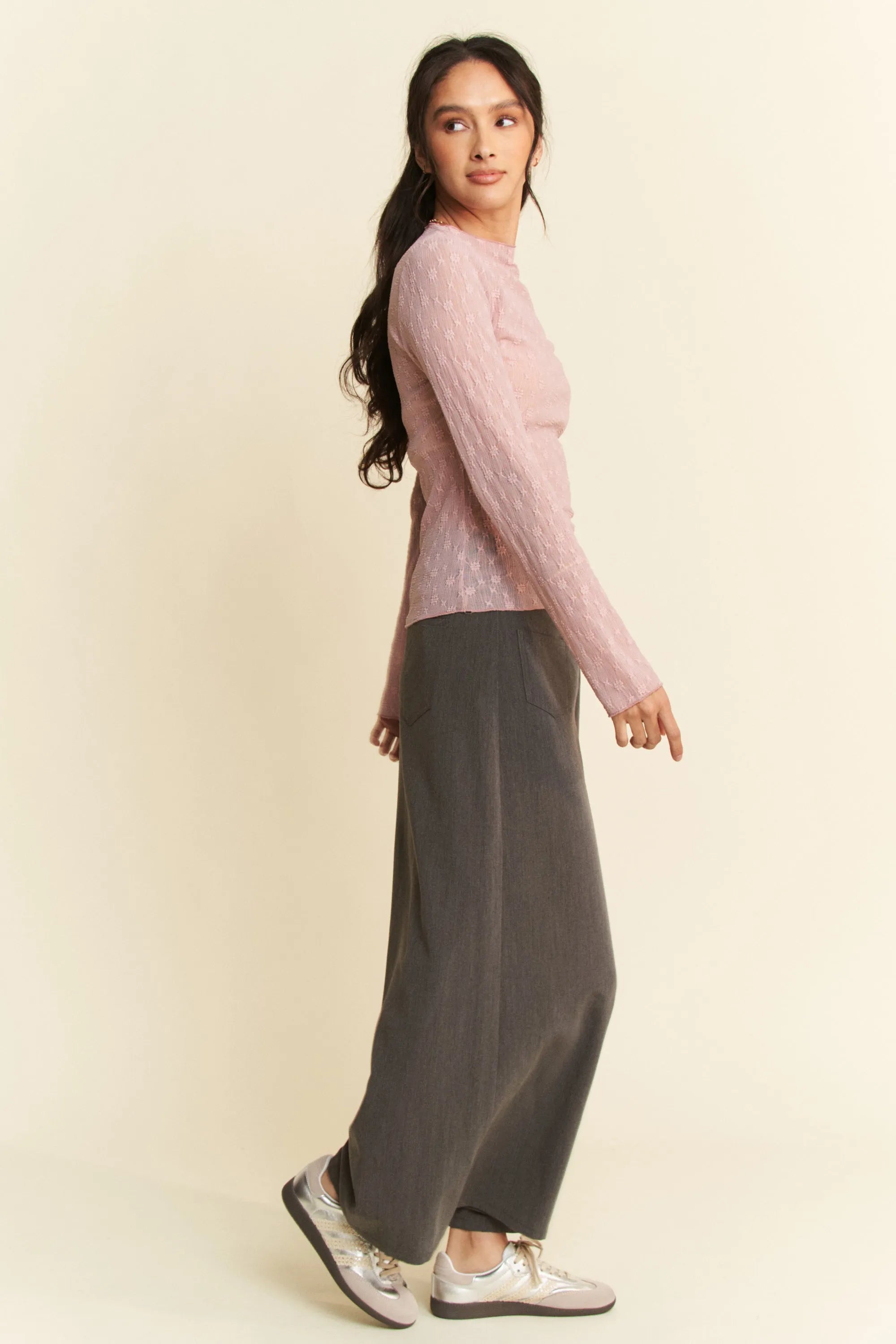 Davi & Dani Long Sleeve Sheer Small Embroidered Bows Lace Top OutfitFlow