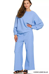 Zenana Ribbed Round Neck Pullover and Drawstring Pants Set CORNFLOWER BLUE OutfitFlow