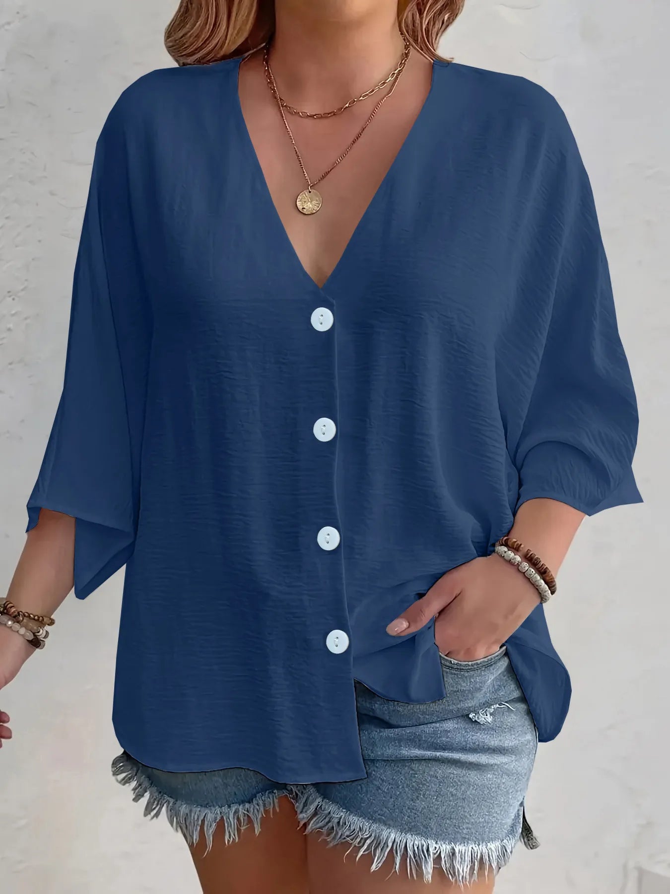 Full Size Casual V-Neck Button Down Relaxed Fit Blouse Plus Size Navy OutfitFlow
