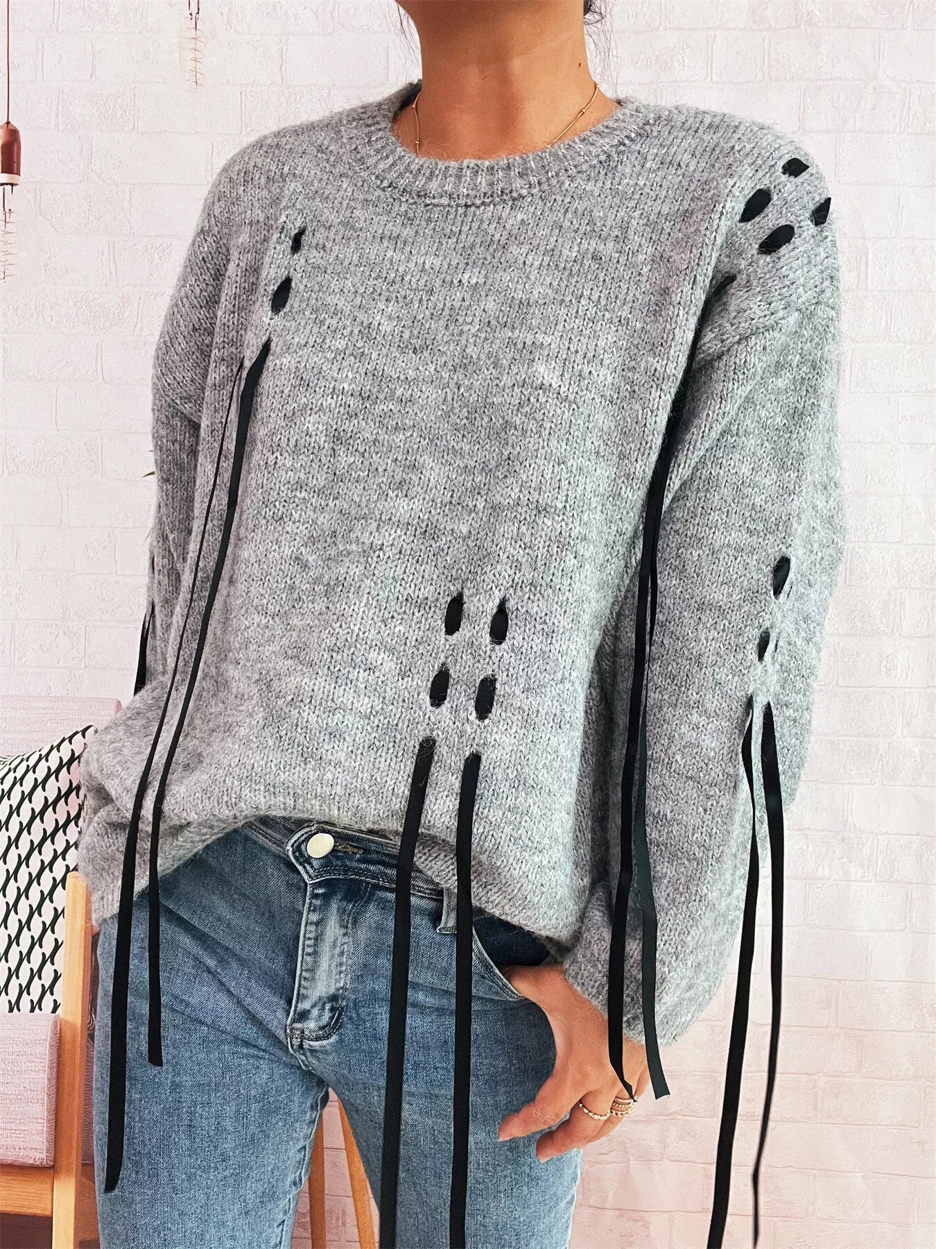 Round Neck Long Sleeve Sweater with Ribbon Details OutfitFlow