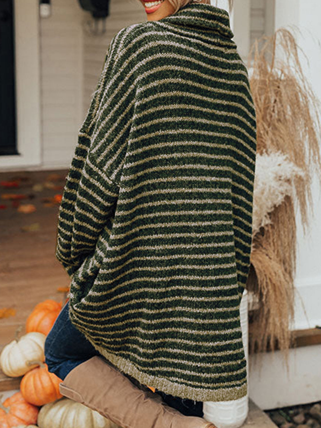 Striped Turtleneck Sweater with Pockets OutfitFlow
