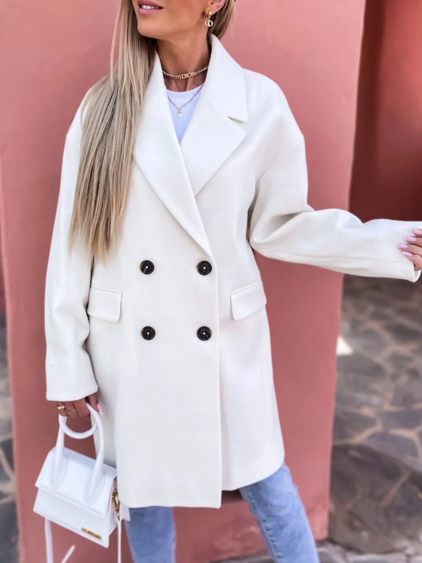 Full Size Double-Breasted Wool Coat Plus Size Trendsi
