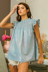 BiBi Clear Sequin All-over Gingham Smocked Top OutfitFlow