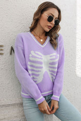 Skeleton Pattern V-Neck Long Sleeve Pullover Sweater OutfitFlow
