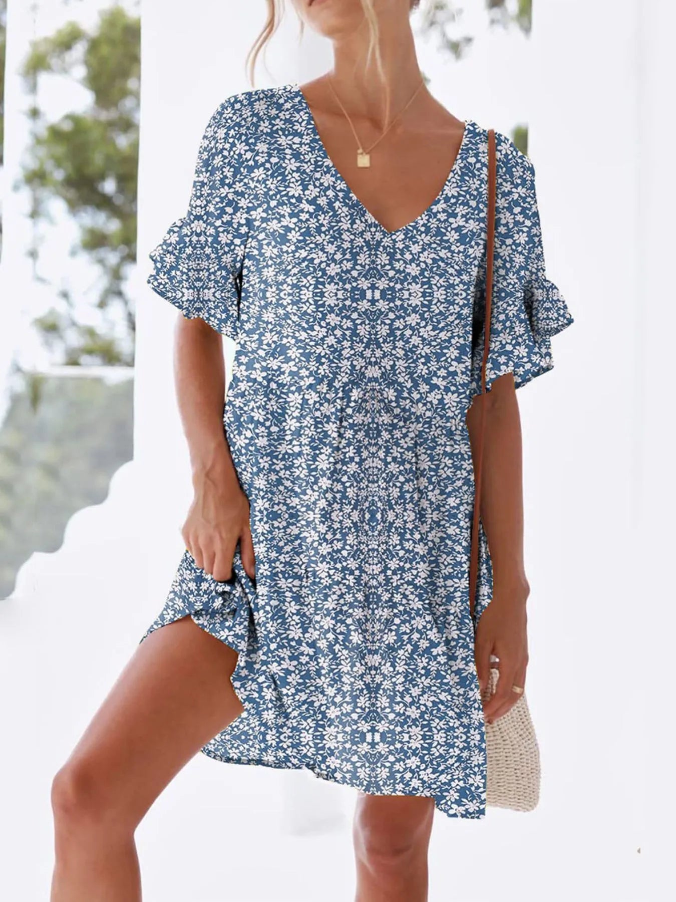 Polka Dot V-Neck Short Sleeve Mini Dress Navy OutfitFlow