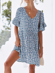 Polka Dot V-Neck Short Sleeve Mini Dress Navy OutfitFlow