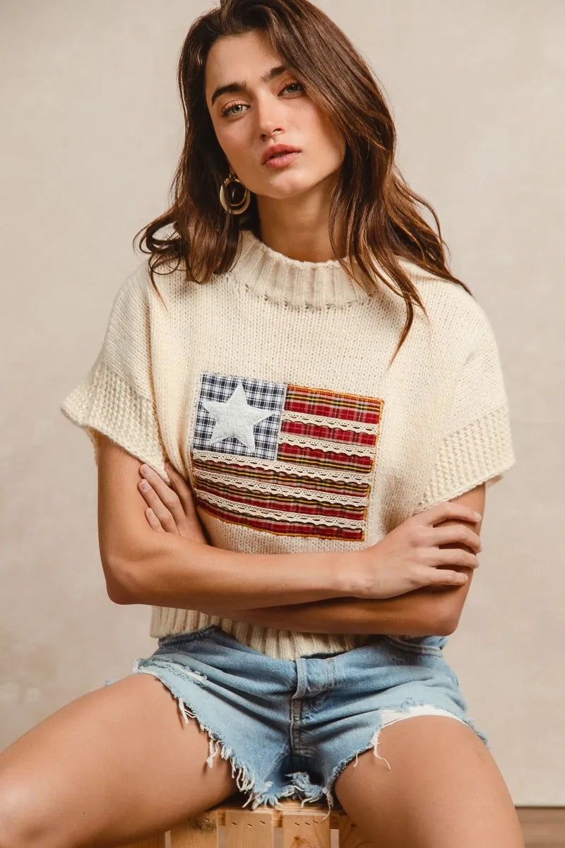BiBi American Flag Patchwork Drop Shoulder Sweater OutfitFlow