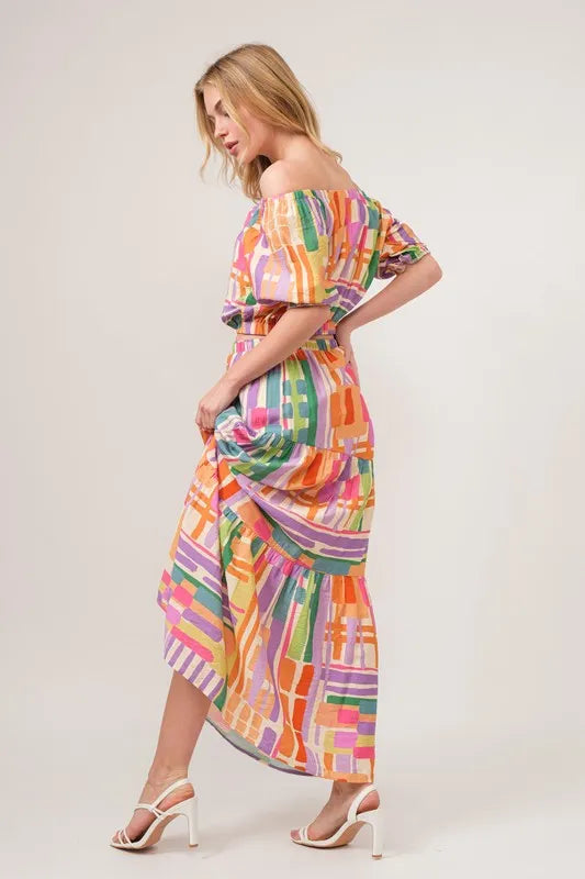 And The Why Puff Sleeve Elastic Edges Geo Printed Crop Top OutfitFlow