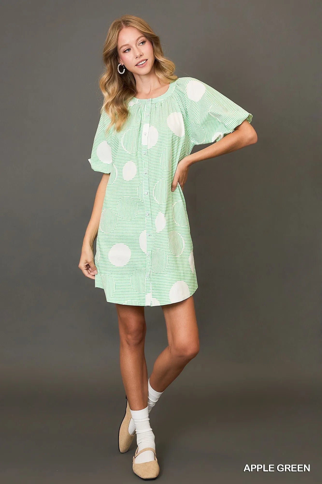 Umgee Stripe and Dot Print Button Down Puff Sleeve Mini Dress Trendsi