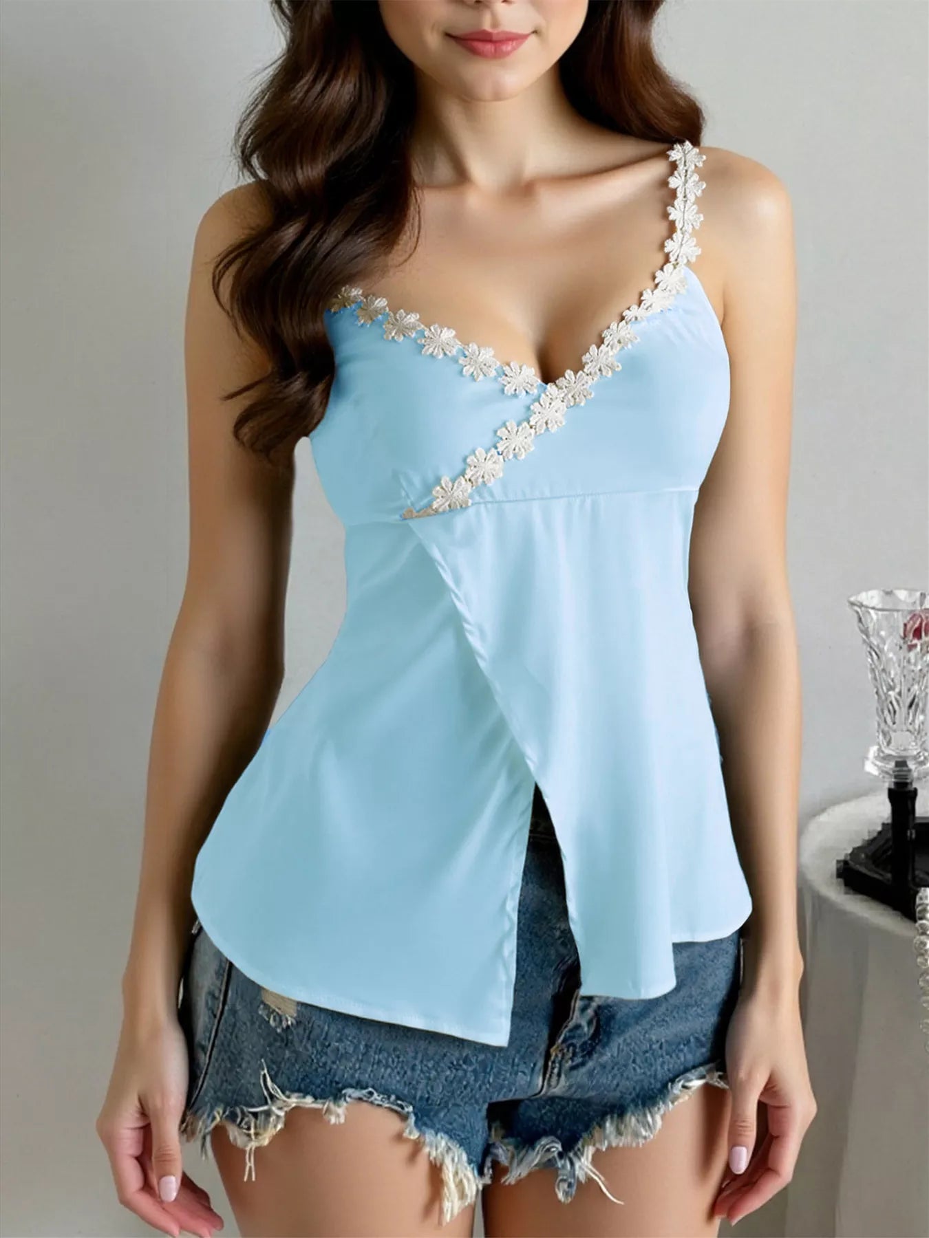 Flower Trim Slit Cami OutfitFlow