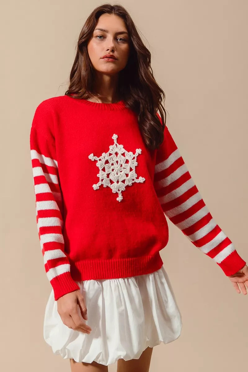 SO ME Christmas Snowflake Crochet Embellished Sweater Trendsi