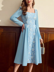 Flower Square Neck Long Sleeve Dress OutfitFlow