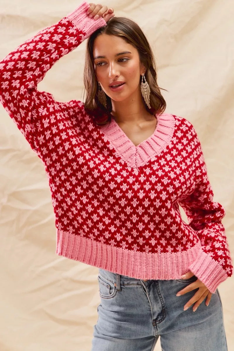 SO ME Color Block Textured Christmas Sweater V Neck Top OutfitFlow