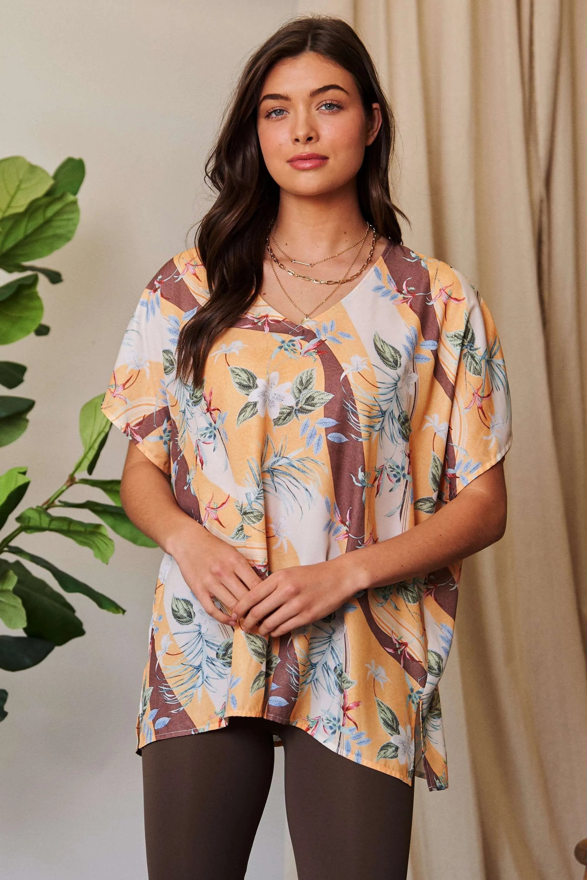 Davi & Dani Floral Printed V Neck Short Sleeve Loose Fit Top OutfitFlow