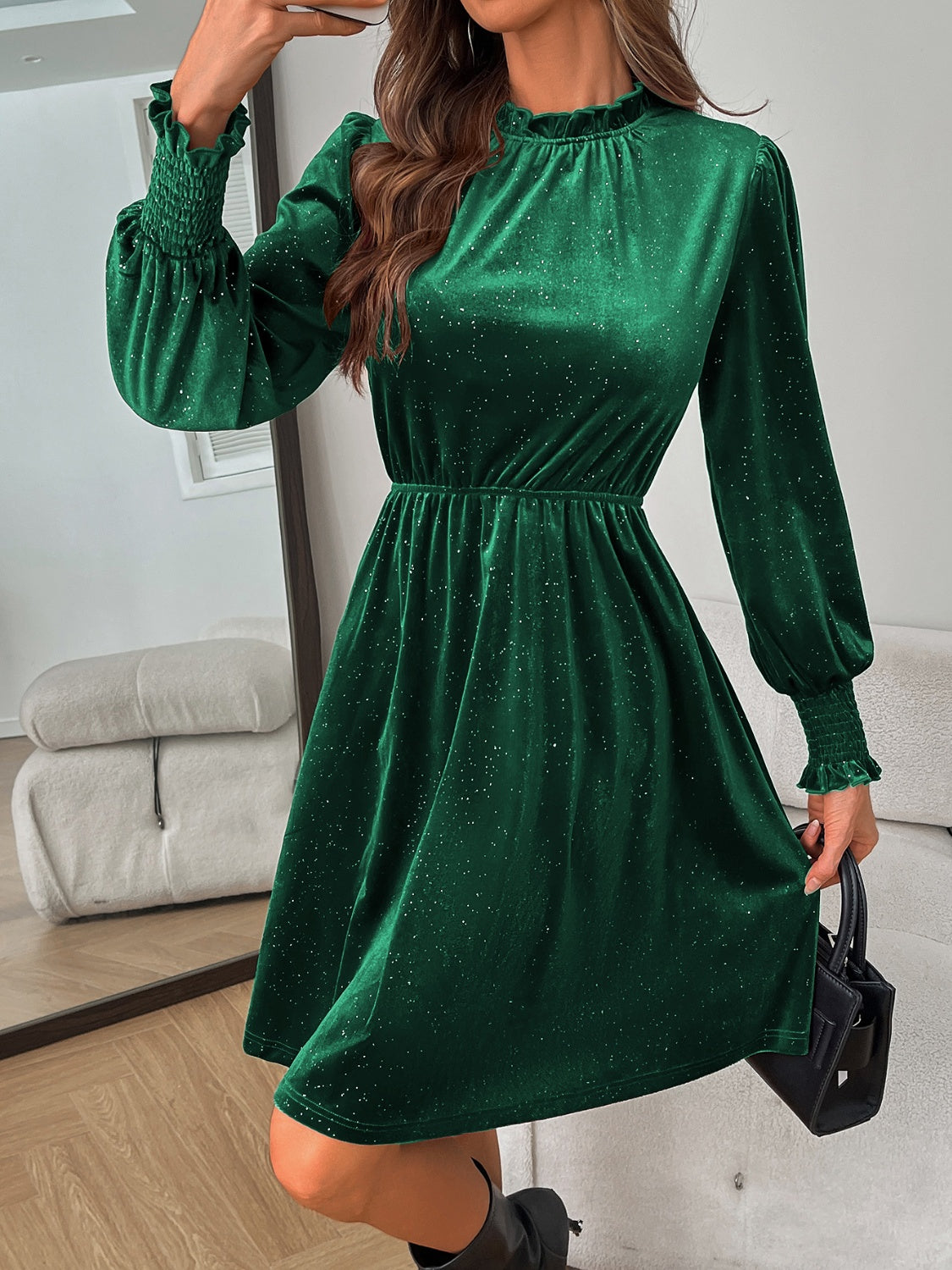 Outfit Flow - Glitter Mock Neck Long Sleeve Mini Dress