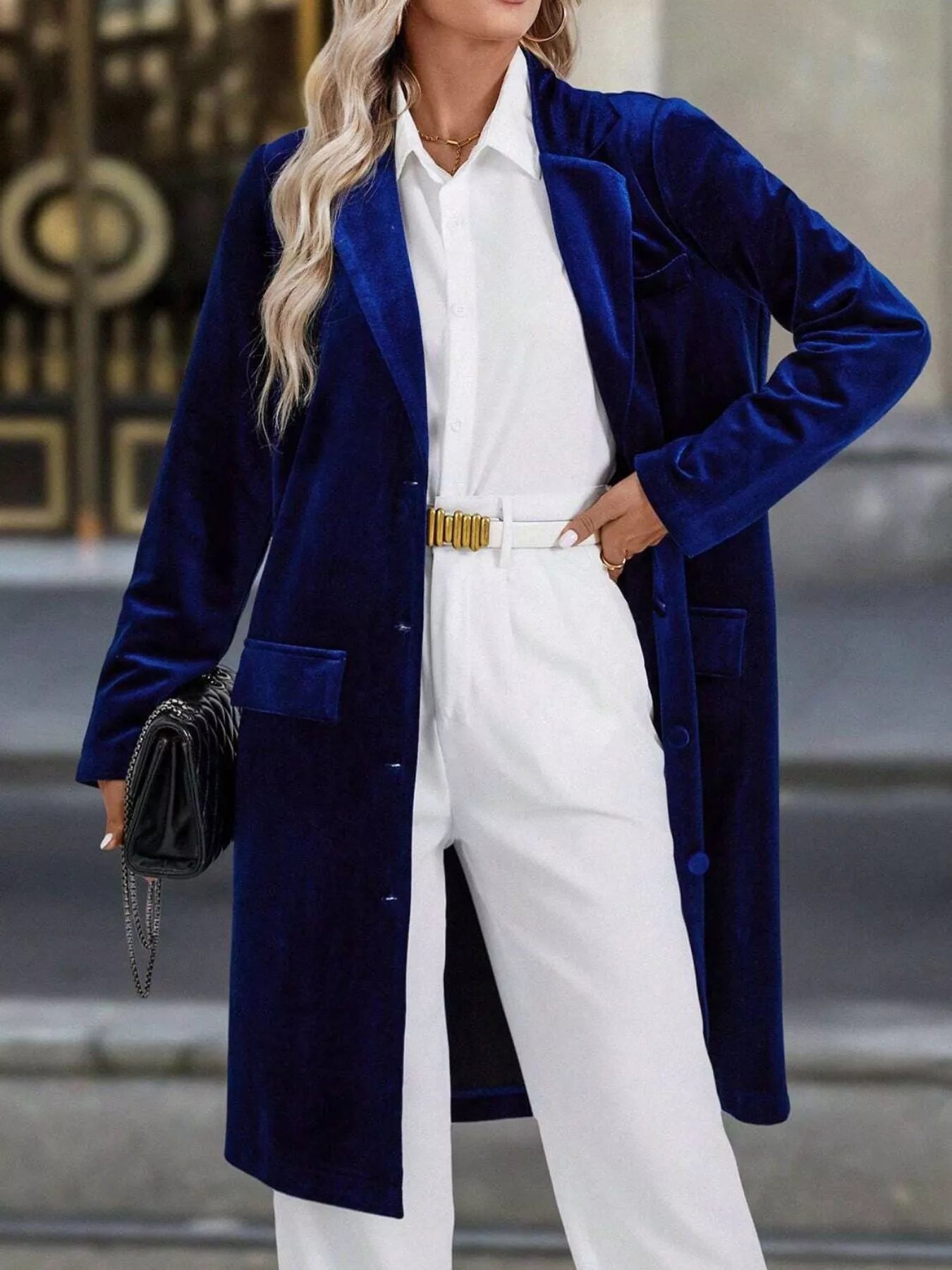 Lapel Collar Long Sleeve Longline Coat Dark Blue OutfitFlow