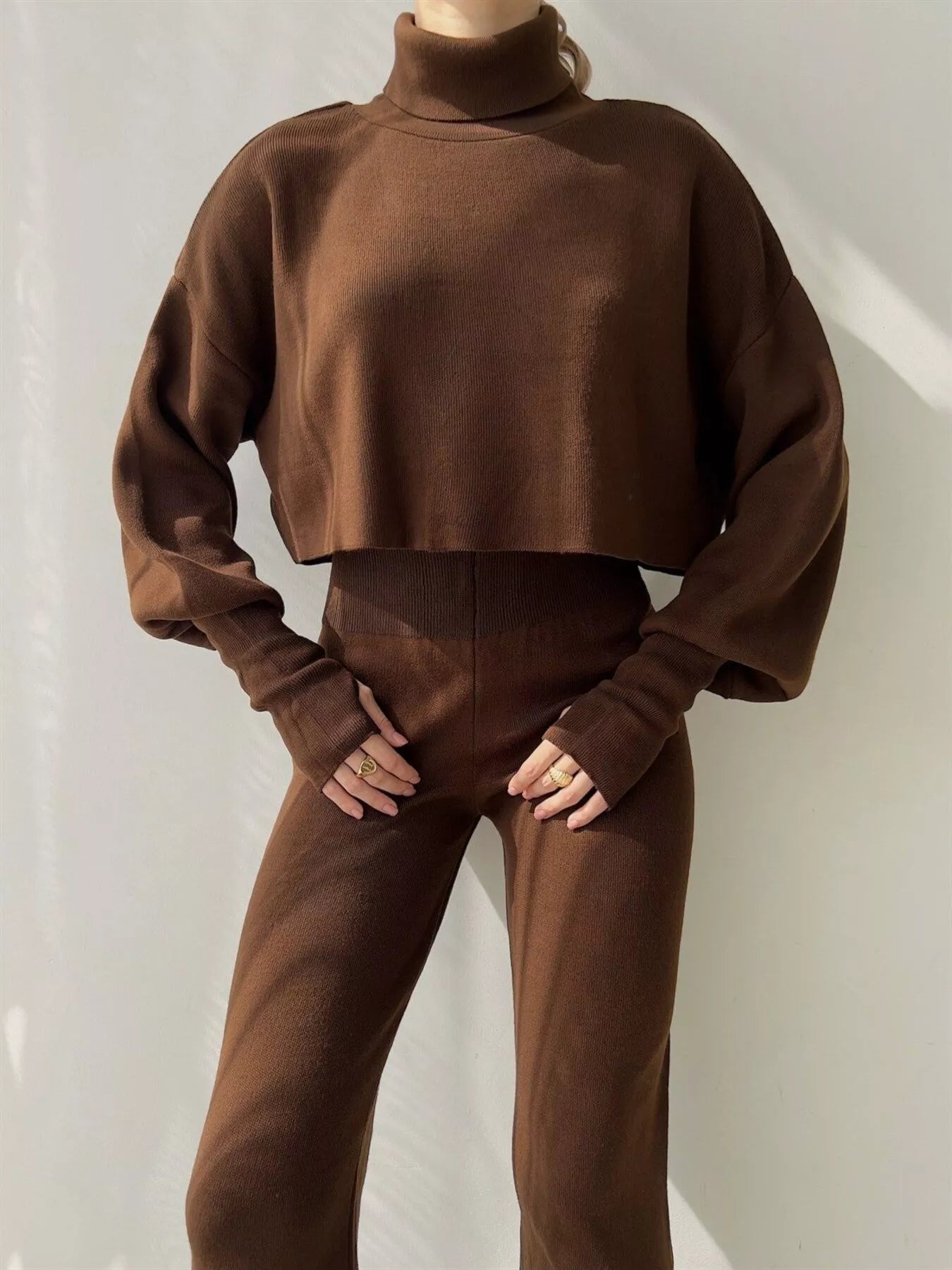 Turtleneck Long Sleeve Top & Pants Set Brown OutfitFlow