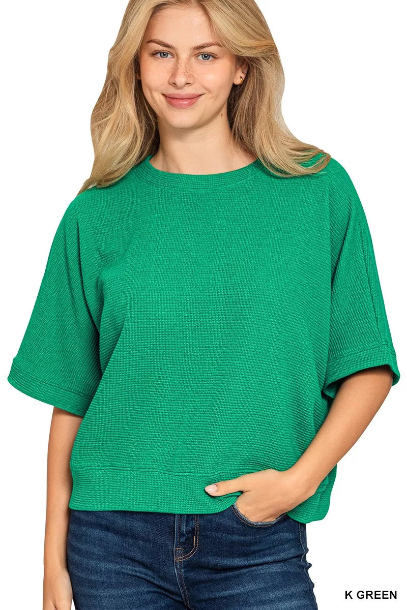 Zenana Double Knit Banded Bottom Short Sleeve Top K GREEN OutfitFlow
