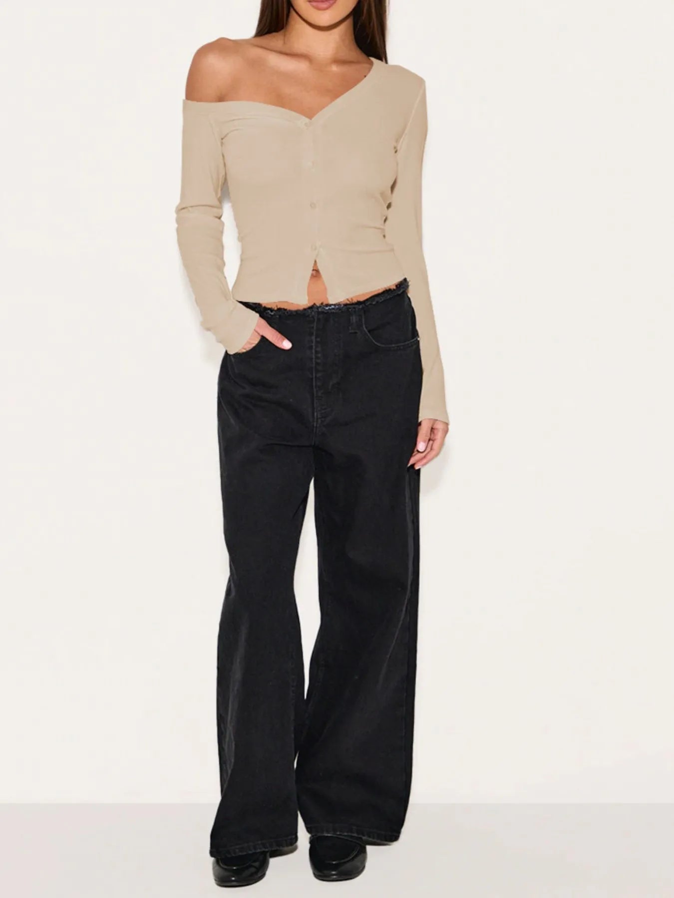 Asymmetrical Neck Button Up Cardigan OutfitFlow