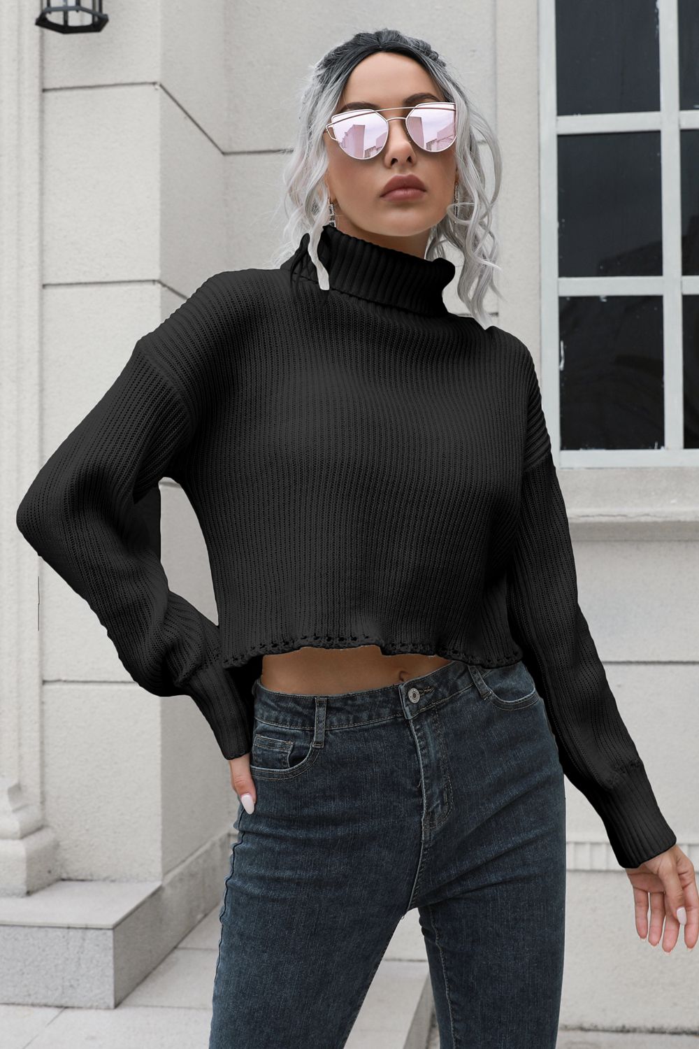 Turtleneck Dropped Shoulder Sweater Black Trendsi