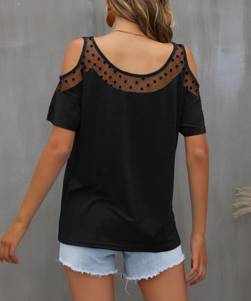 Cold Shoulder Mesh Polka Dot Top OutfitFlow