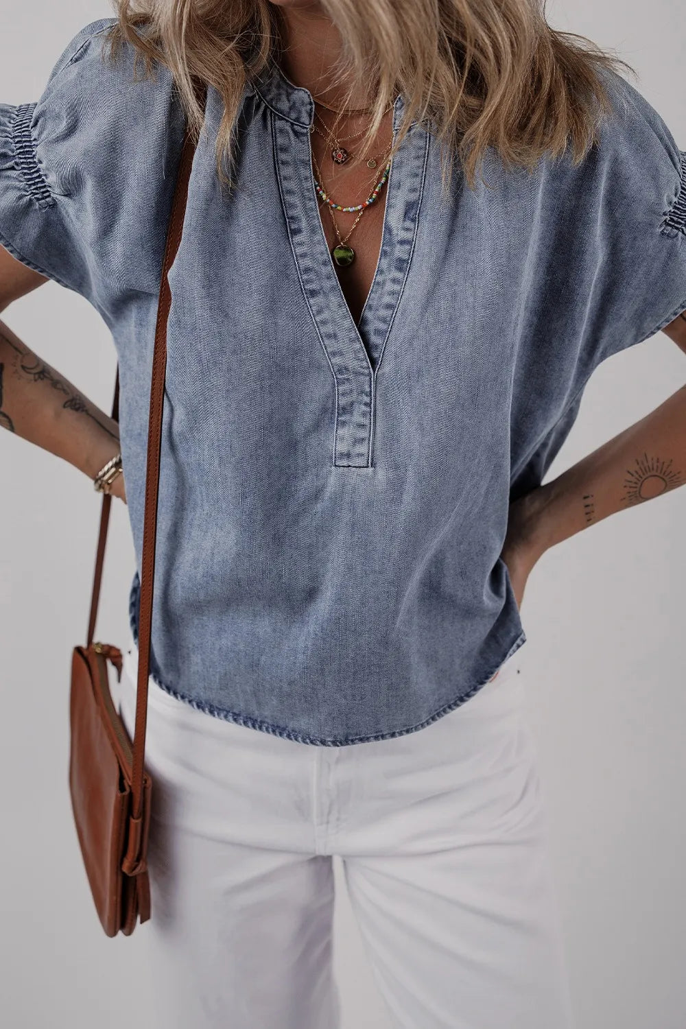 V Neck Ruffled Short Puff Sleeve Denim Top OutfitFlow