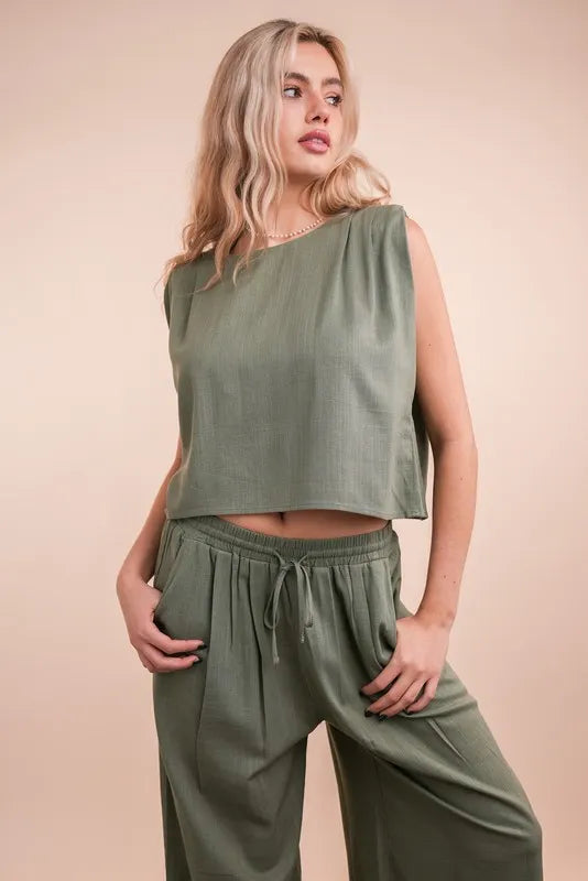 VERY J Solid Woven Top & Pants Set OutfitFlow