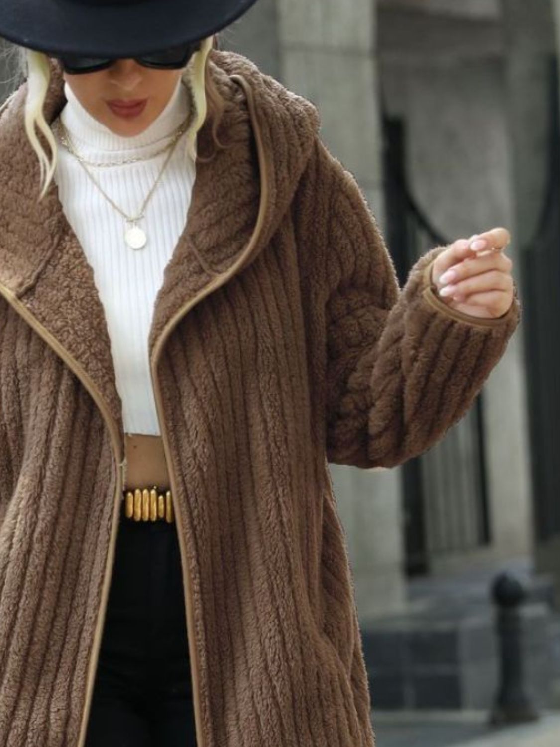 Open Front Ribbed Hooded Coat Trendsi