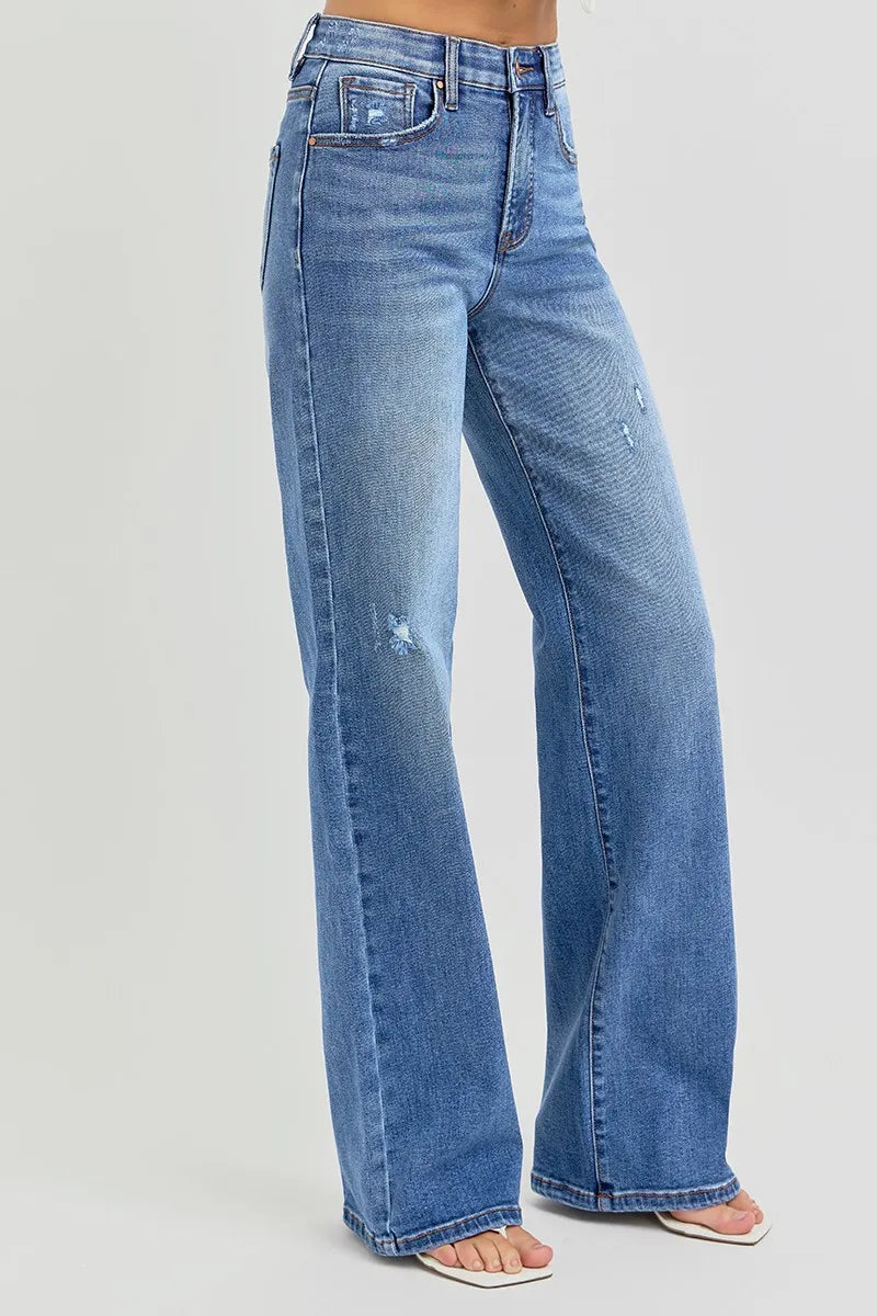 RISEN Full Size Tummy Control Elastic Band High Rise Wide Jeans Plus Size OutfitFlow